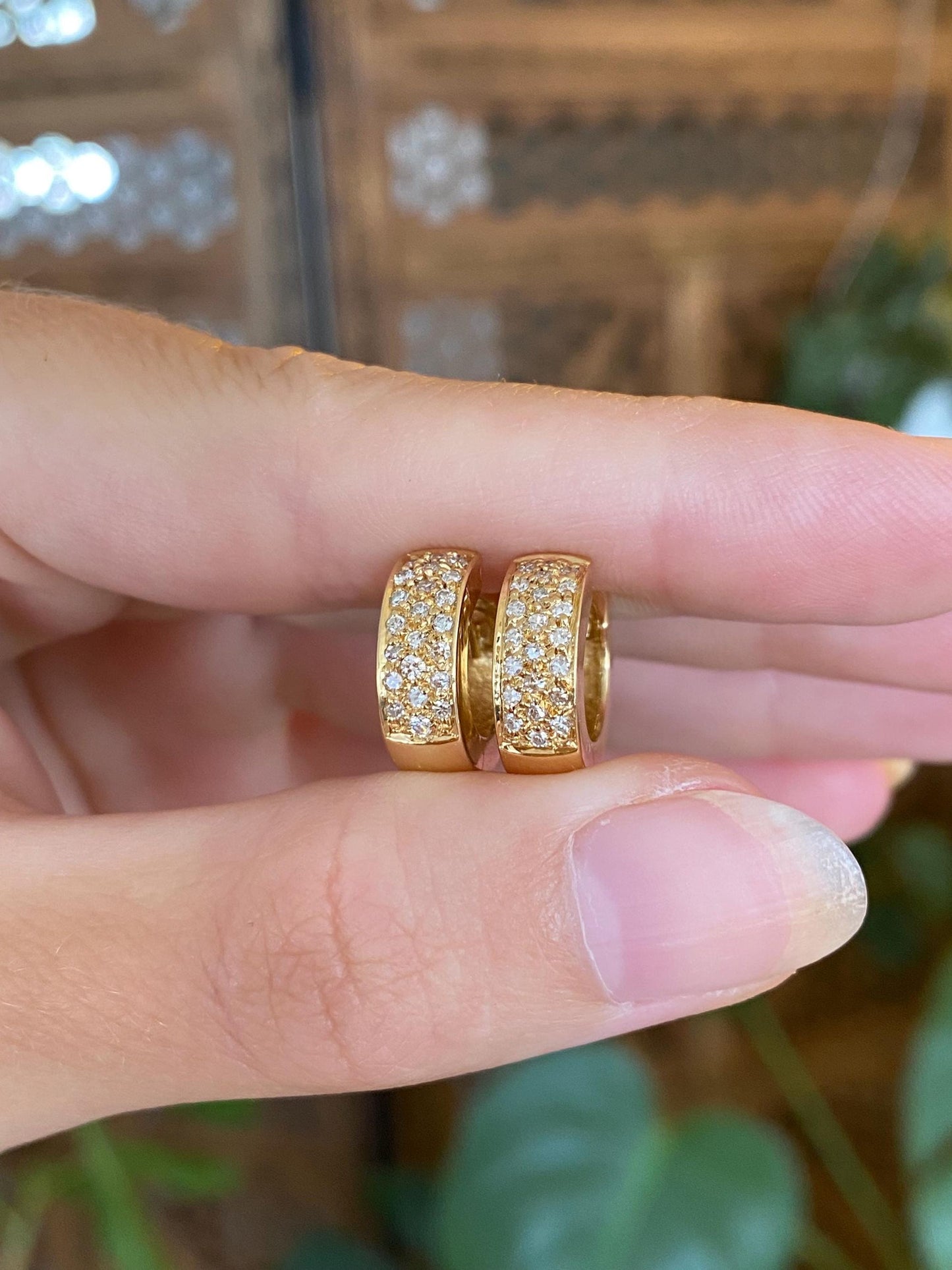 Vintage Solid 18k Yellow Gold Diamond Chunky Hoop Earrings
