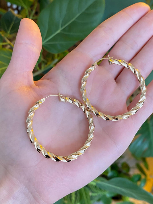 Vintage 14k Yellow Gold Large Twist Hoop Earrings