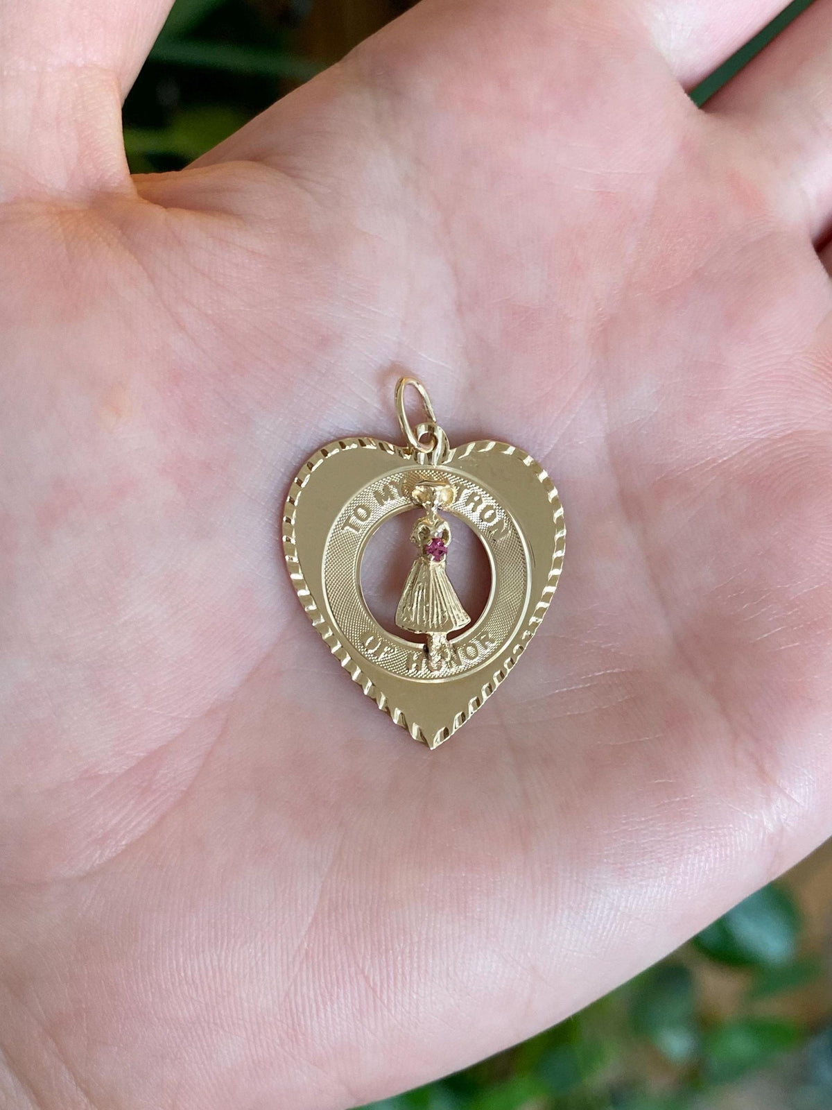 Vintage Solid 14k Yellow Gold Pink Cubic Zirconia 'To My Matron of Honor' Heart Charm