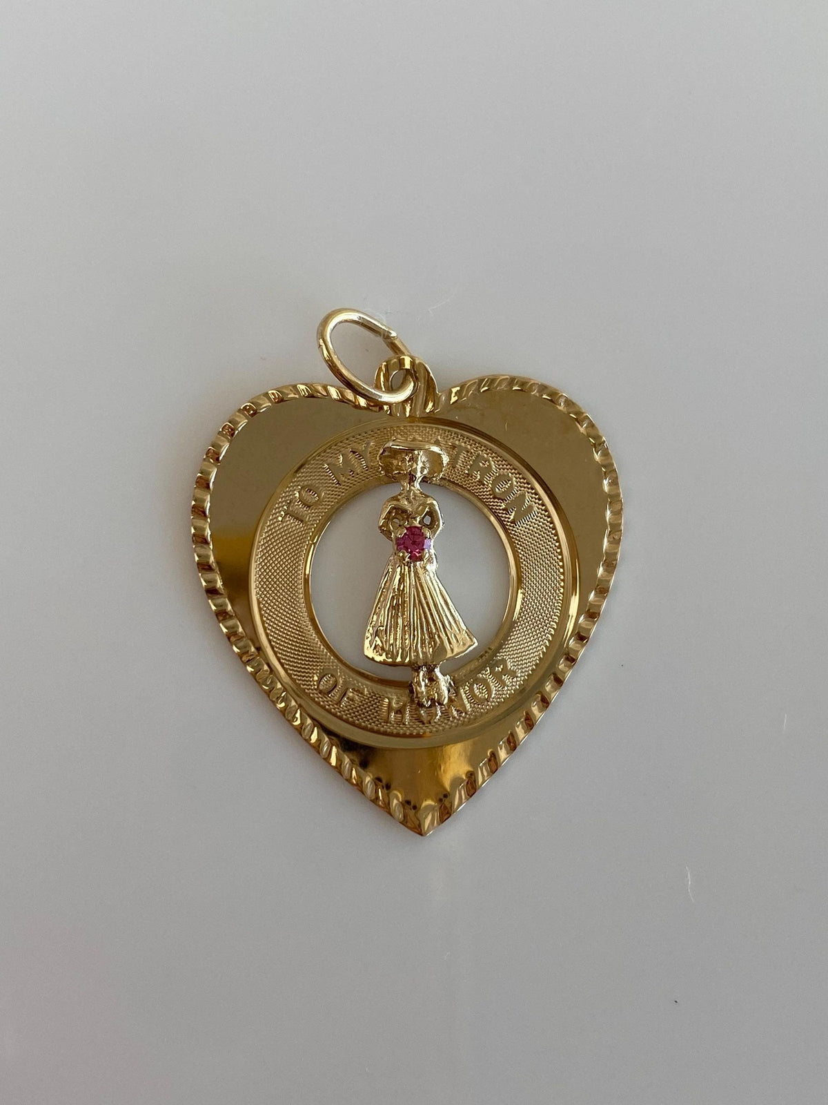 Vintage Solid 14k Yellow Gold Pink Cubic Zirconia 'To My Matron of Honor' Heart Charm