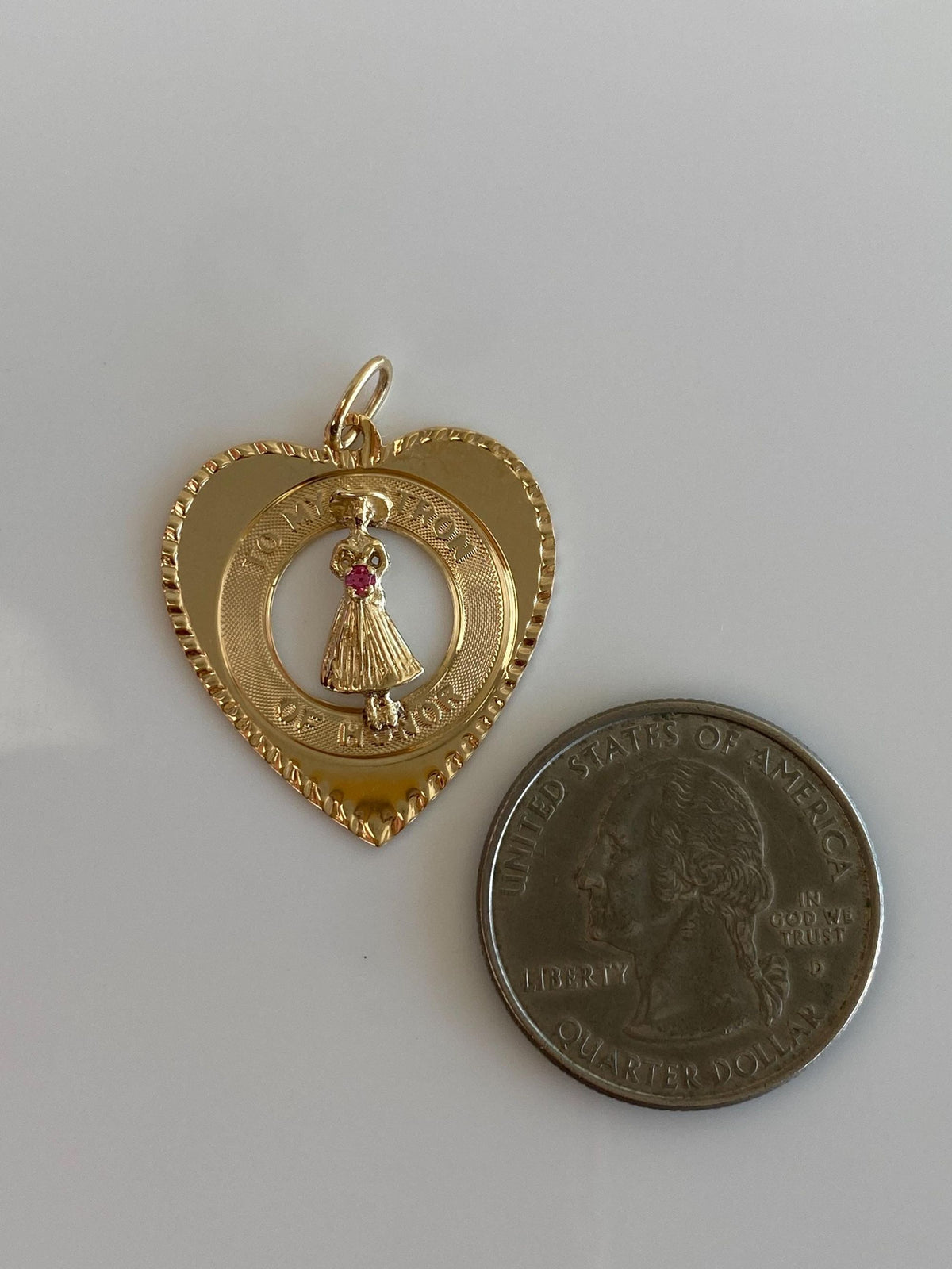 Vintage Solid 14k Yellow Gold Pink Cubic Zirconia 'To My Matron of Honor' Heart Charm