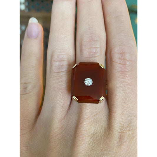 Vintage Solid 14k Yellow Gold Carnelian Diamond Inlay Ring - Size 6.75