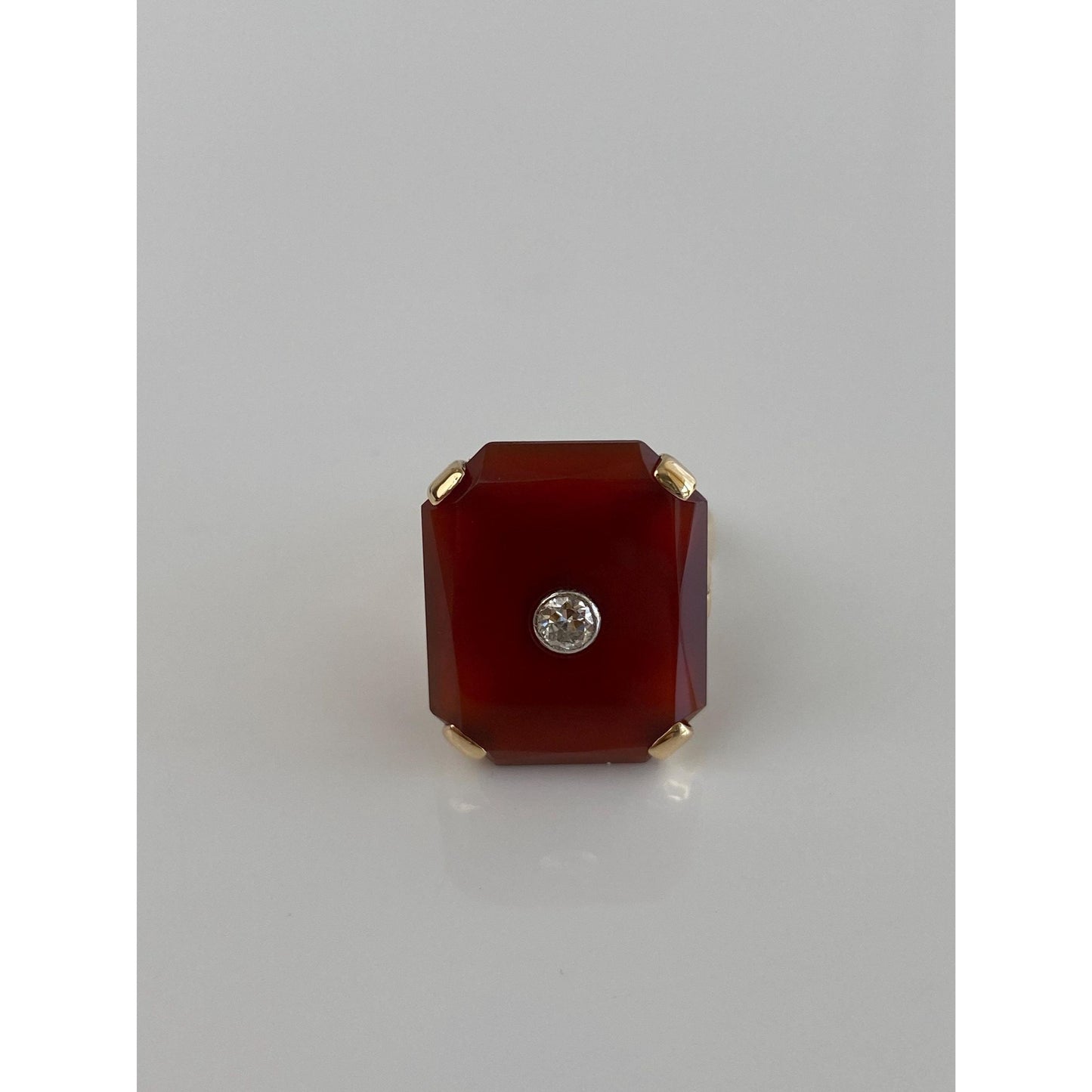 Vintage Solid 14k Yellow Gold Carnelian Diamond Inlay Ring - Size 6.75