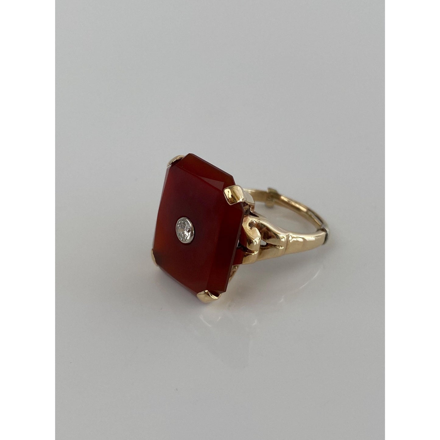 Vintage Solid 14k Yellow Gold Carnelian Diamond Inlay Ring - Size 6.75