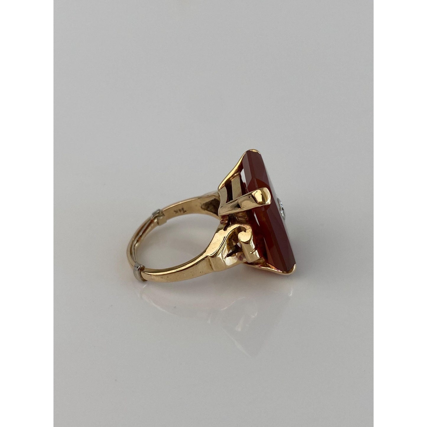 Vintage Solid 14k Yellow Gold Carnelian Diamond Inlay Ring - Size 6.75
