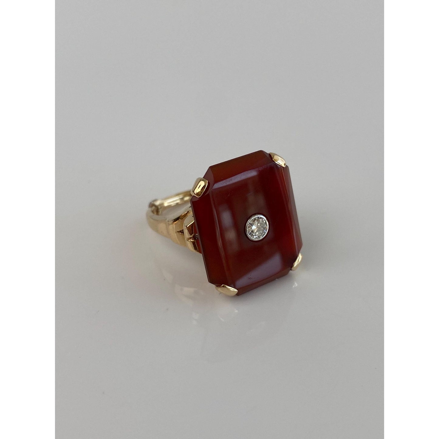 Vintage Solid 14k Yellow Gold Carnelian Diamond Inlay Ring - Size 6.75