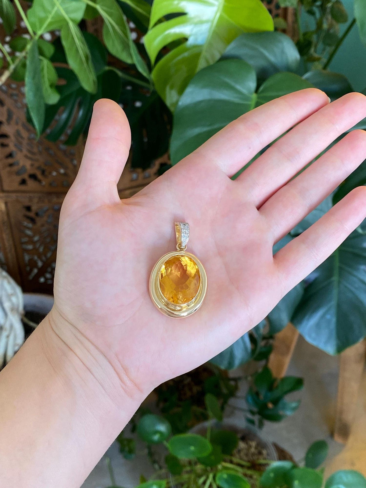 Vintage Solid 14k Yellow Gold Large Citrine Diamonds Charm
