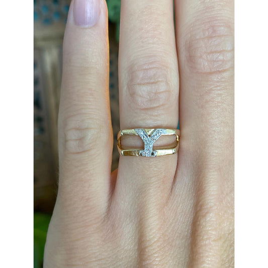 Vintage Solid 14k White & Yellow Gold Diamond Initial 'Y' Ring Band - Size 4.5