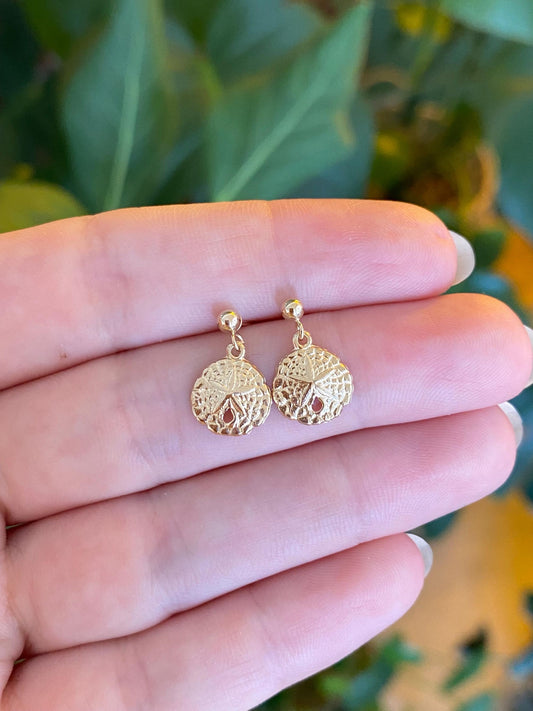 Vintage Solid 14k Yellow Gold Sand Dollar Dangle Stud Earrings