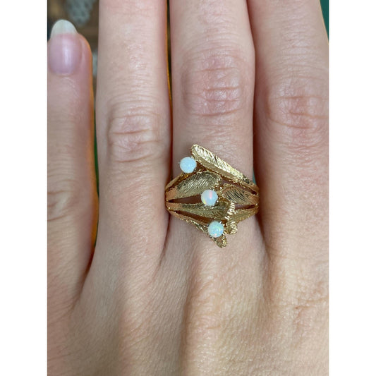 Vintage Solid 14k Yellow Gold Triple Opal Ball Ring - Size 6.75