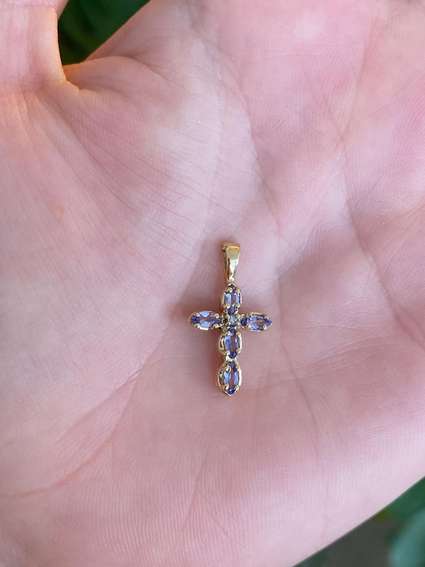 Vintage Solid 14k Yellow Gold Diamond Tanzanite Cross Charm