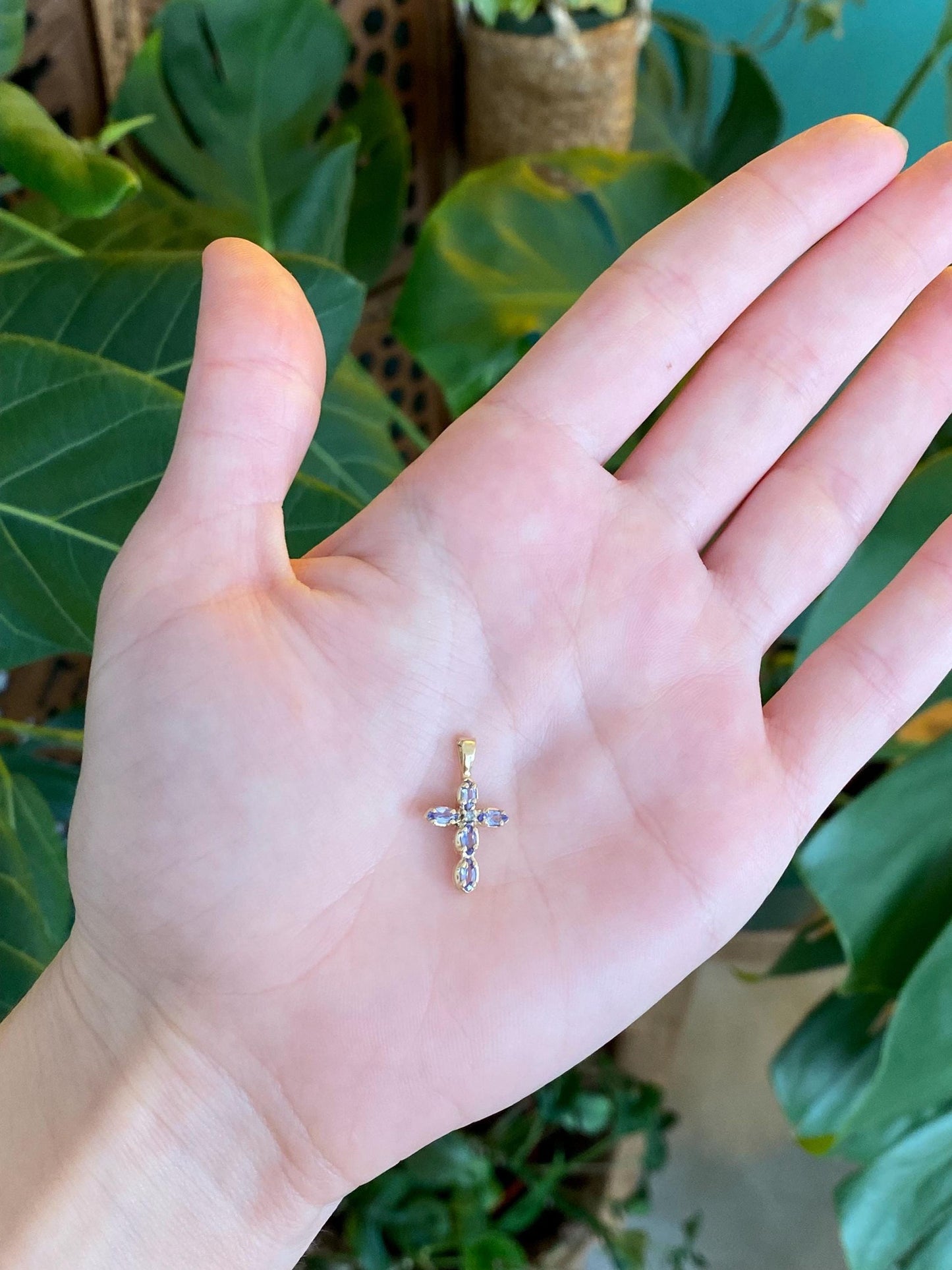 Vintage Solid 14k Yellow Gold Diamond Tanzanite Cross Charm