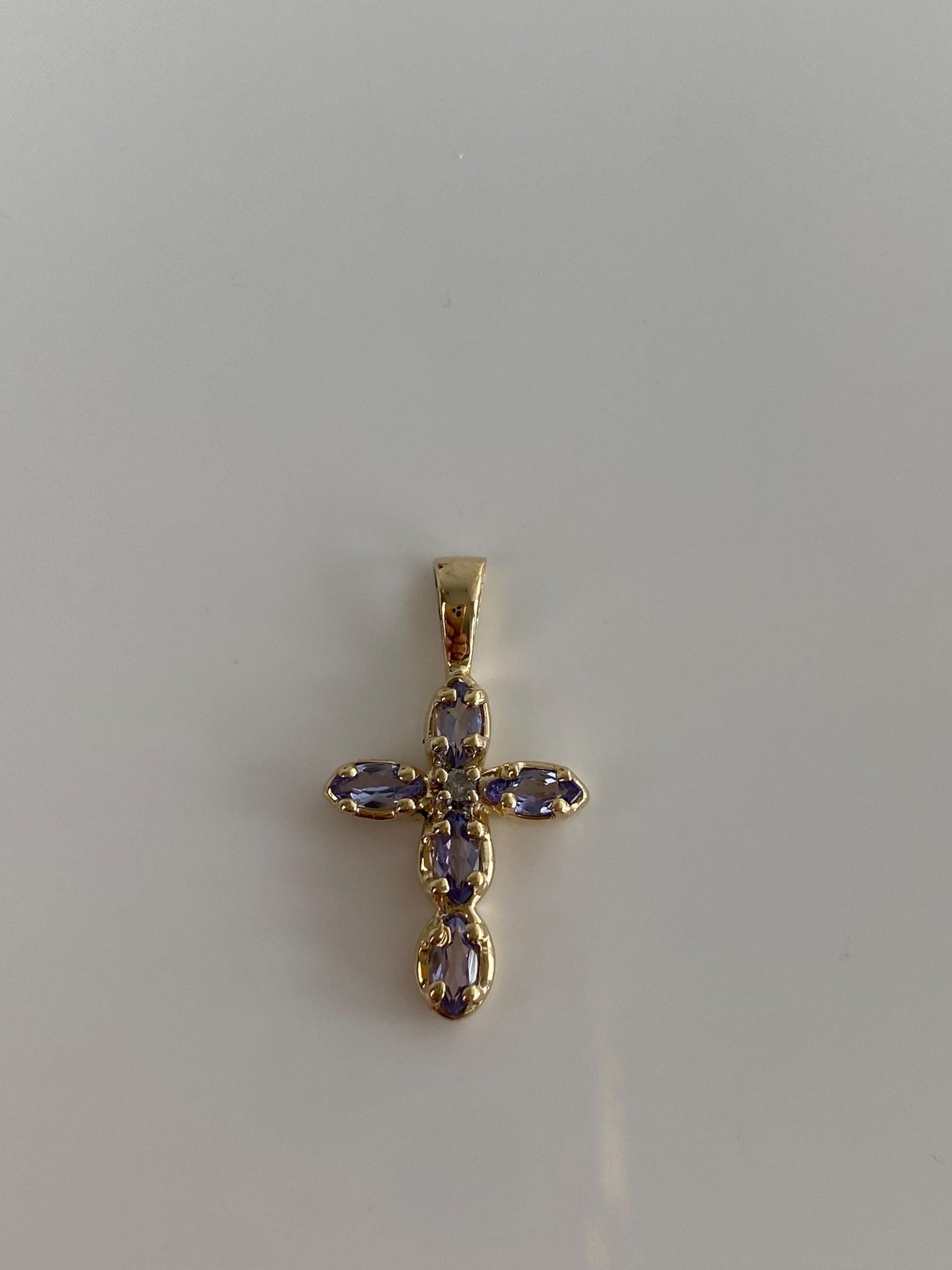 Vintage Solid 14k Yellow Gold Diamond Tanzanite Cross Charm