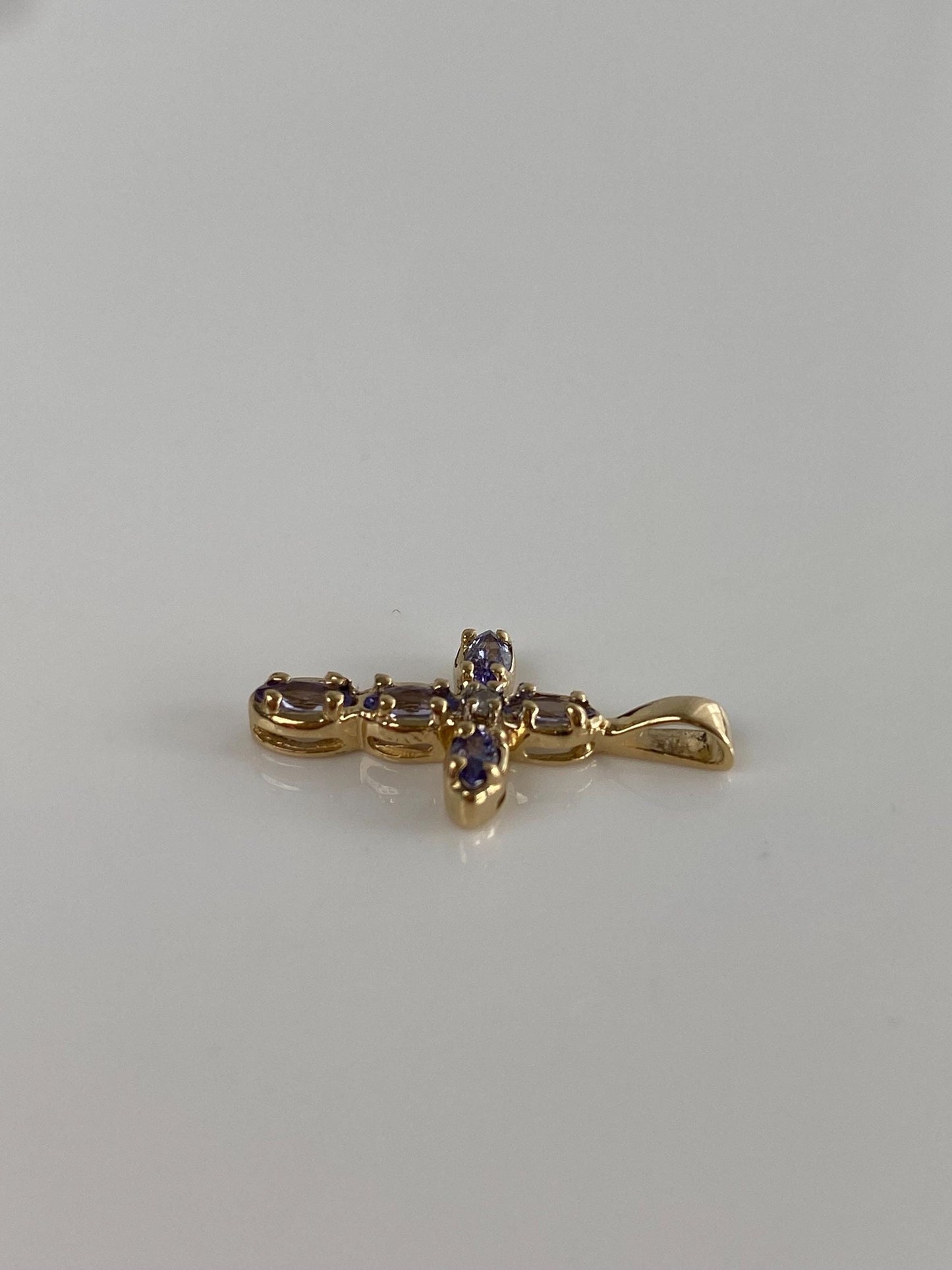 Vintage Solid 14k Yellow Gold Diamond Tanzanite Cross Charm