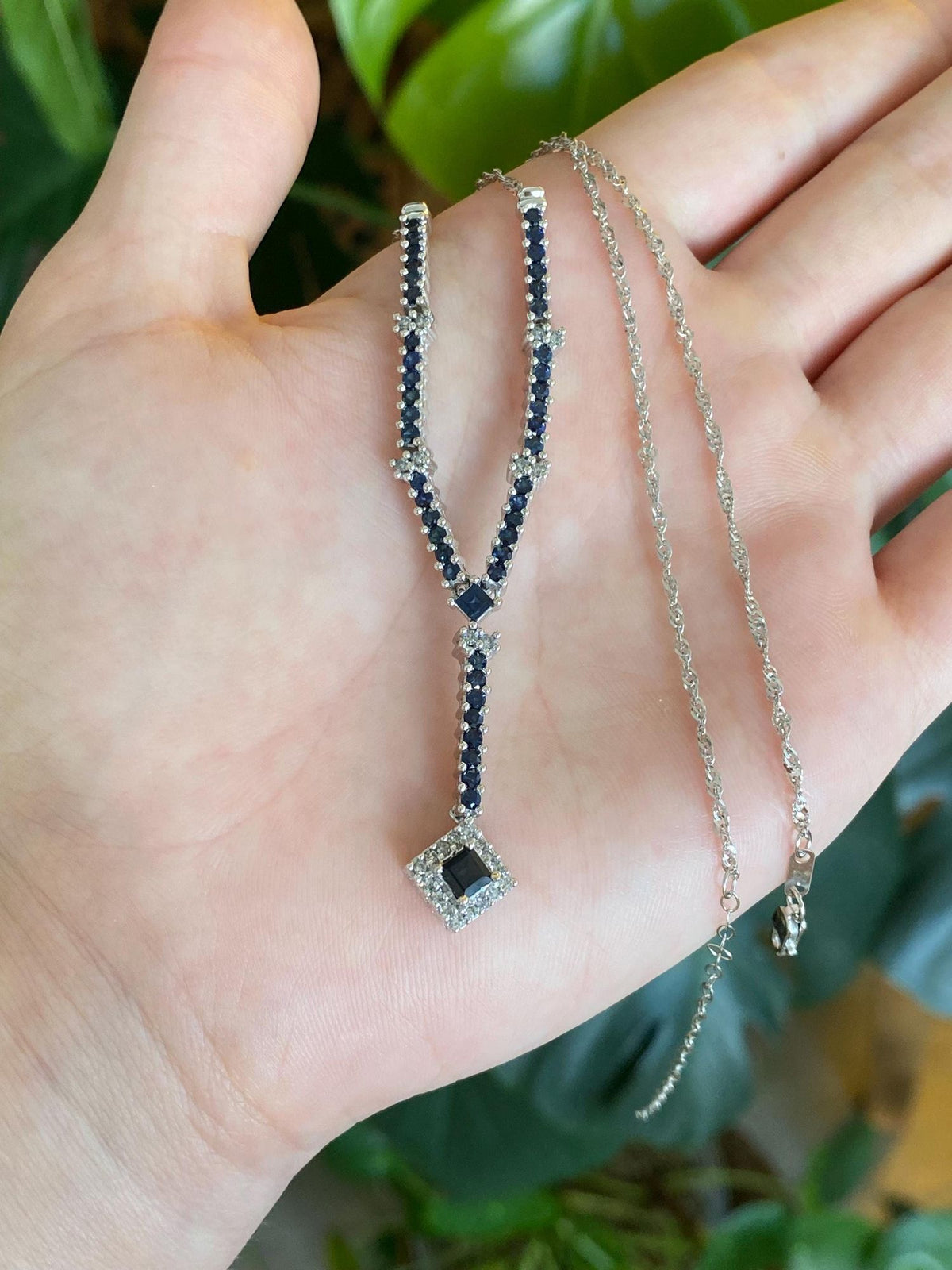 Vintage Solid 14k White Gold Diamonds Blue Sapphire Lariat Twist Chain Necklace - 16.5-19.5 inches