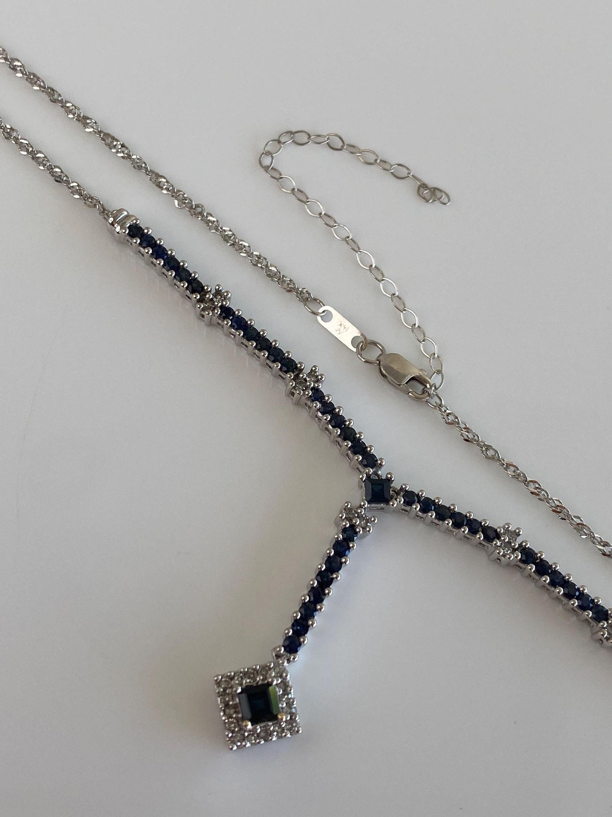 Vintage Solid 14k White Gold Diamonds Blue Sapphire Lariat Twist Chain Necklace - 16.5-19.5 inches