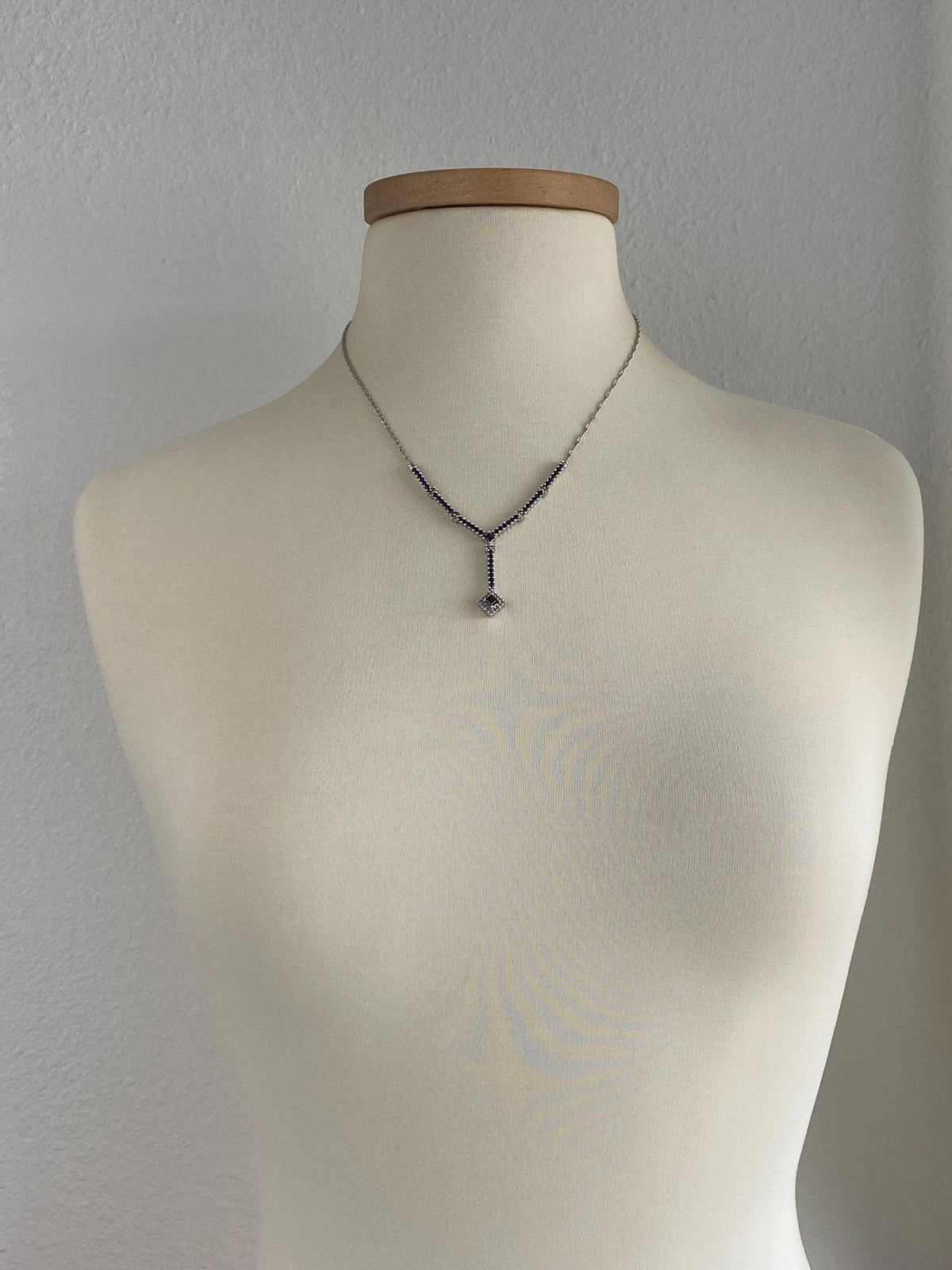 Vintage Solid 14k White Gold Diamonds Blue Sapphire Lariat Twist Chain Necklace - 16.5-19.5 inches