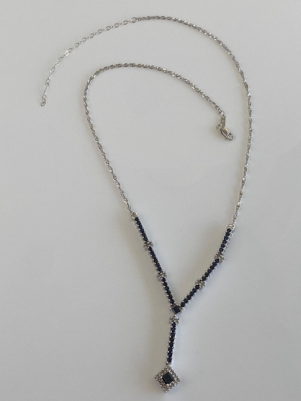 Vintage Solid 14k White Gold Diamonds Blue Sapphire Lariat Twist Chain Necklace - 16.5-19.5 inches