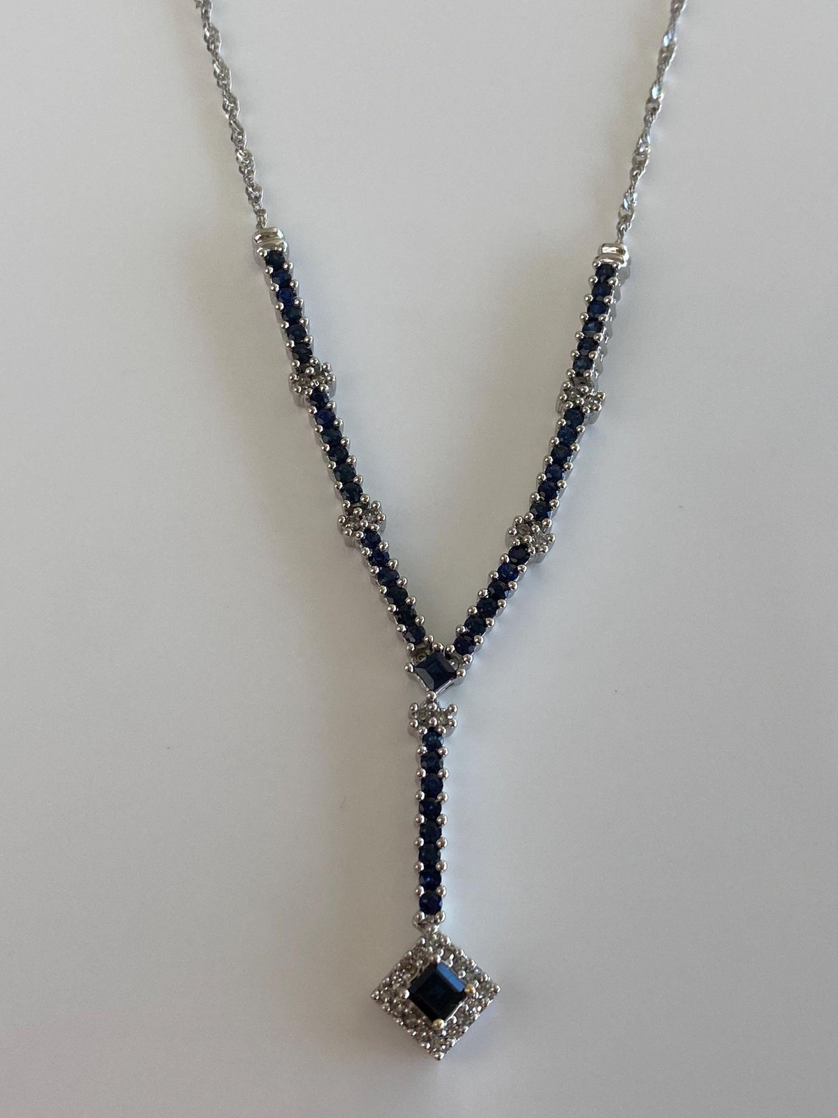 Vintage Solid 14k White Gold Diamonds Blue Sapphire Lariat Twist Chain Necklace - 16.5-19.5 inches