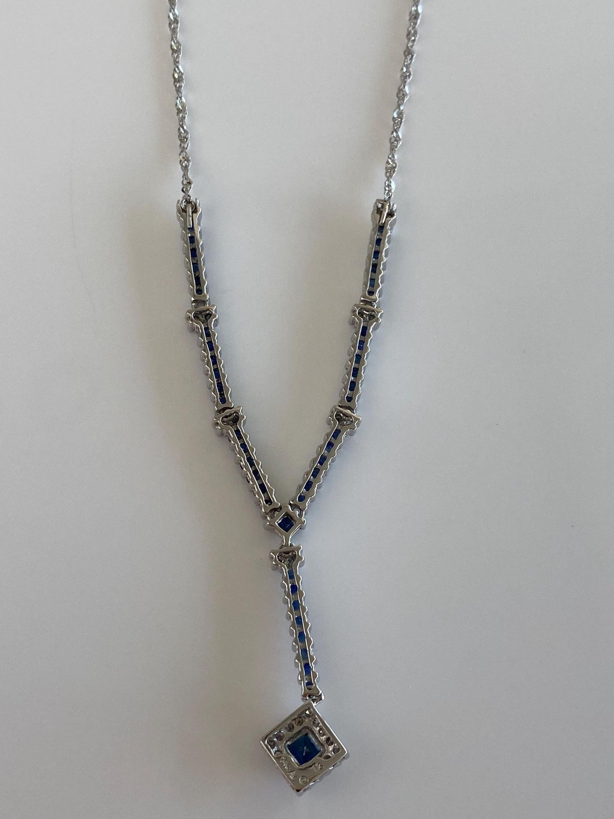 Vintage Solid 14k White Gold Diamonds Blue Sapphire Lariat Twist Chain Necklace - 16.5-19.5 inches
