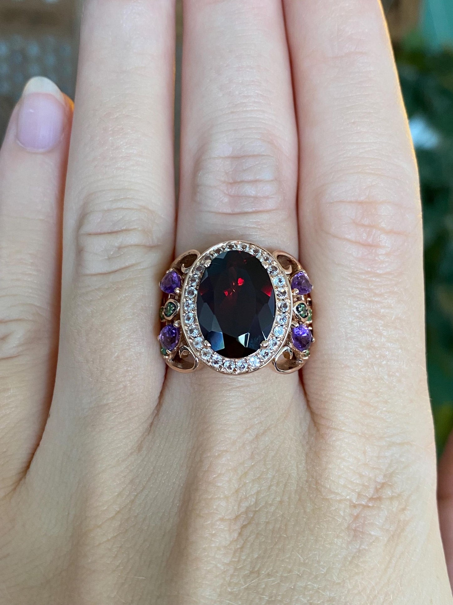Levian Solid 14k Rose Gold Clear Spinel Halo Garnet Green Tourmaline Open Work Ring - Size 6.5