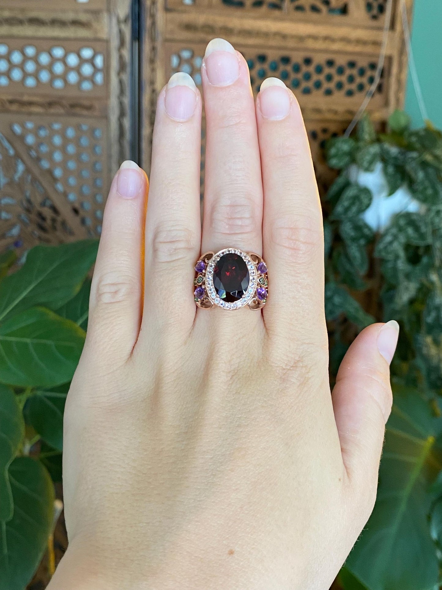 Levian Solid 14k Rose Gold Clear Spinel Halo Garnet Green Tourmaline Open Work Ring - Size 6.5