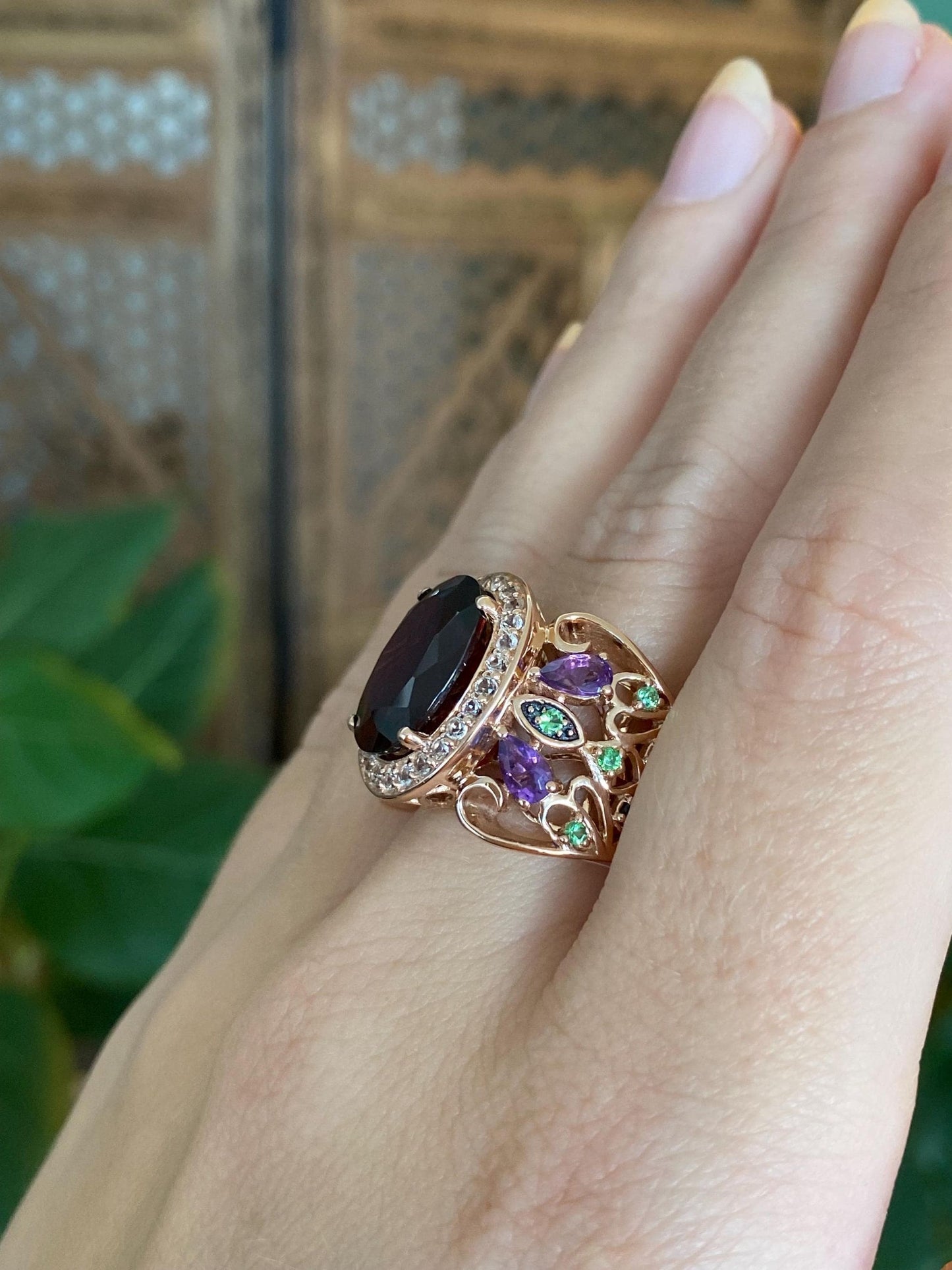 Levian Solid 14k Rose Gold Clear Spinel Halo Garnet Green Tourmaline Open Work Ring - Size 6.5