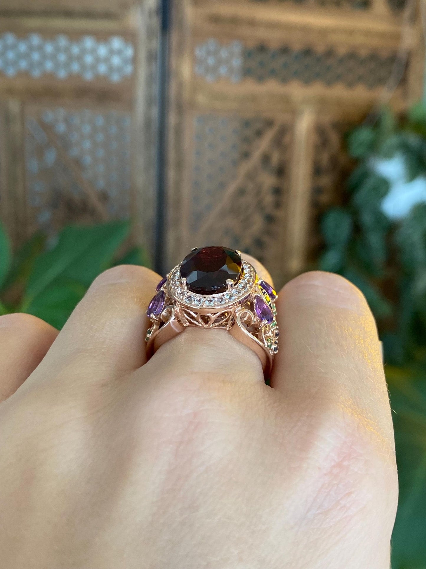 Levian Solid 14k Rose Gold Clear Spinel Halo Garnet Green Tourmaline Open Work Ring - Size 6.5