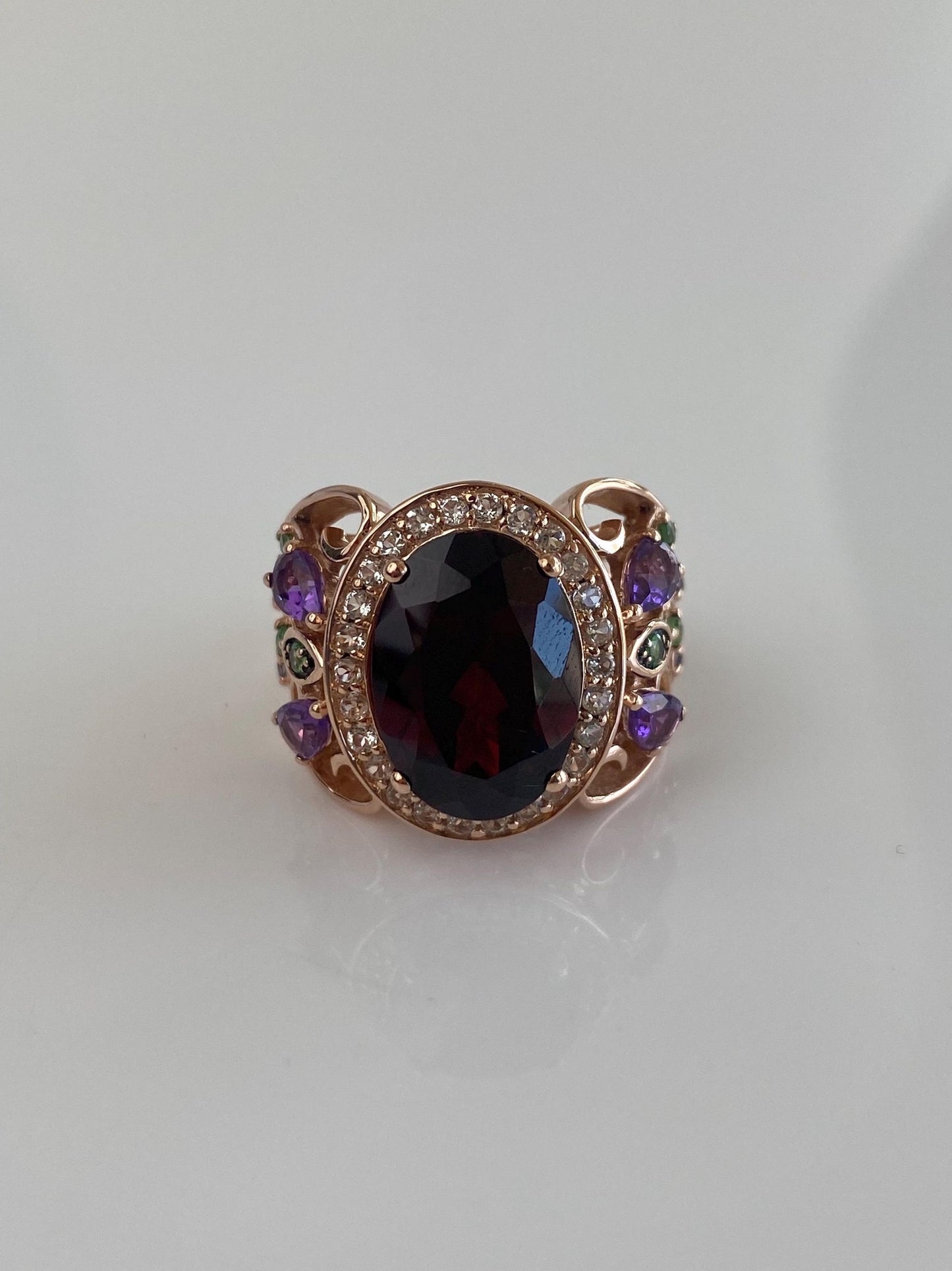 Levian Solid 14k Rose Gold Clear Spinel Halo Garnet Green Tourmaline Open Work Ring - Size 6.5