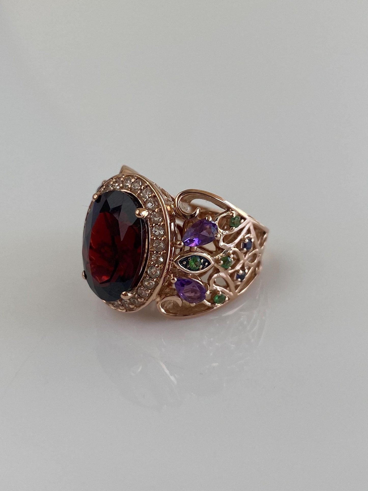 Levian Solid 14k Rose Gold Clear Spinel Halo Garnet Green Tourmaline Open Work Ring - Size 6.5