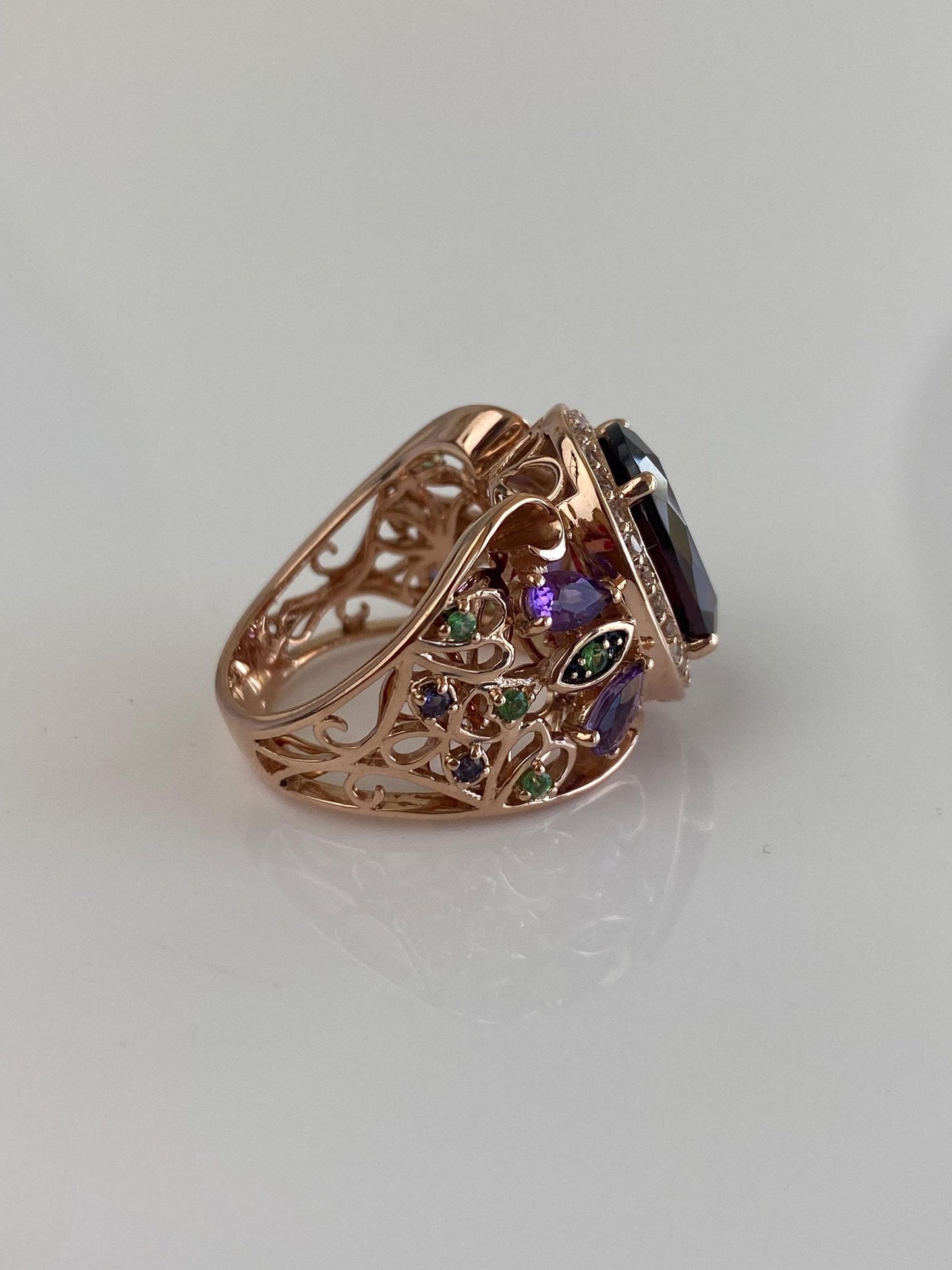 Levian Solid 14k Rose Gold Clear Spinel Halo Garnet Green Tourmaline Open Work Ring - Size 6.5