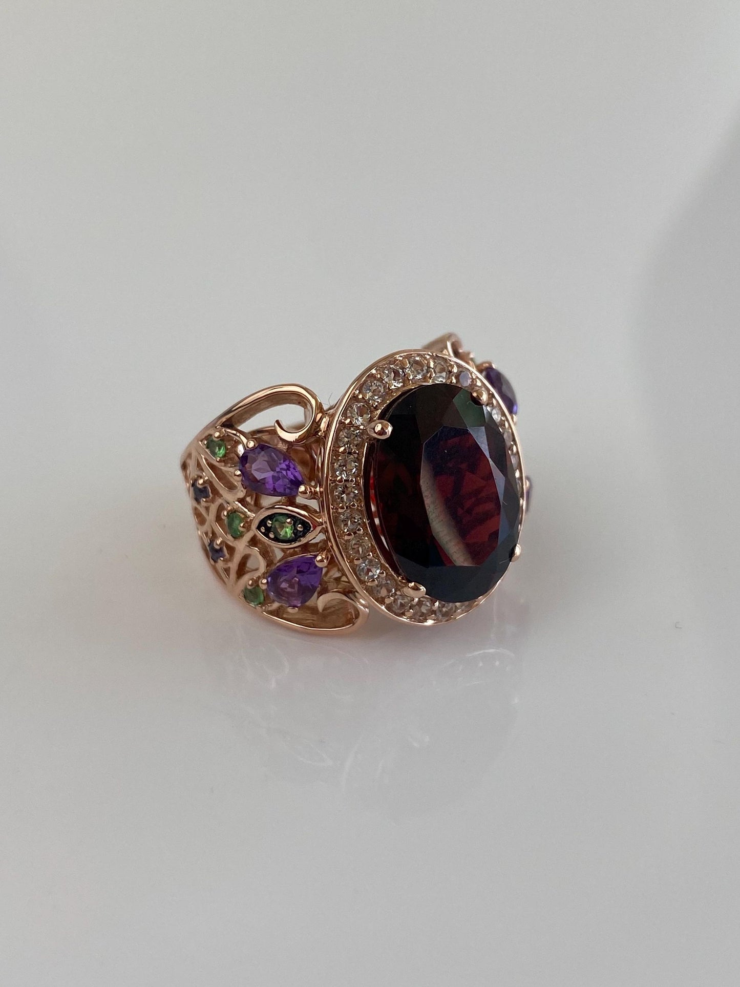 Levian Solid 14k Rose Gold Clear Spinel Halo Garnet Green Tourmaline Open Work Ring - Size 6.5