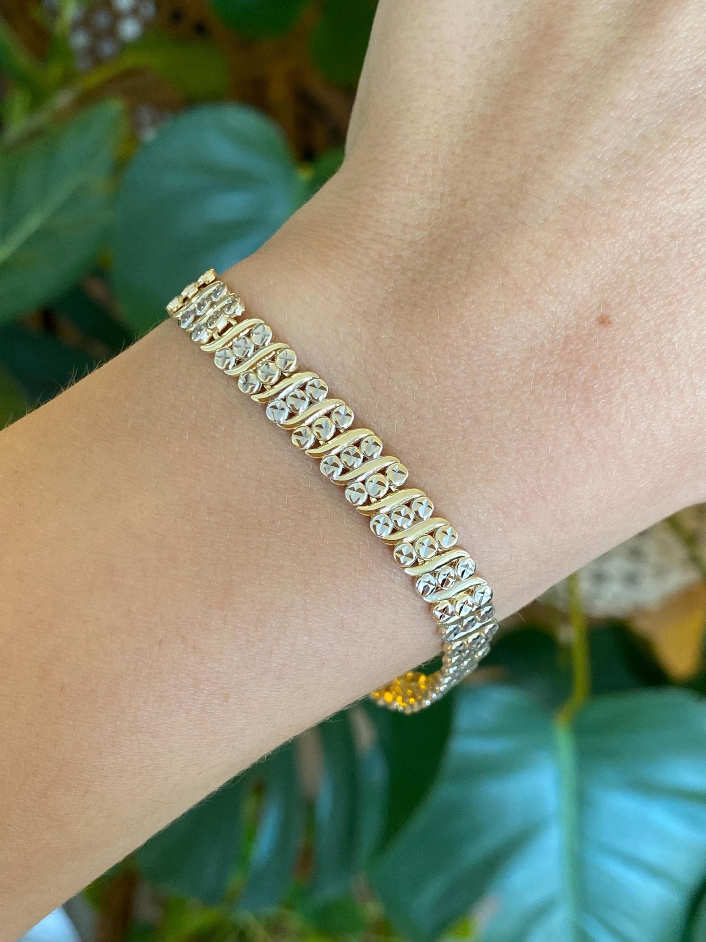 Solid 14k Yellow & White Gold Diamond Cut Tennis Bracelet - 7.25 inches