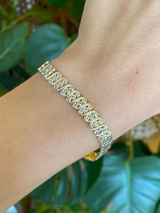 Solid 14k Yellow & White Gold Diamond Cut Tennis Bracelet - 7.25 inches