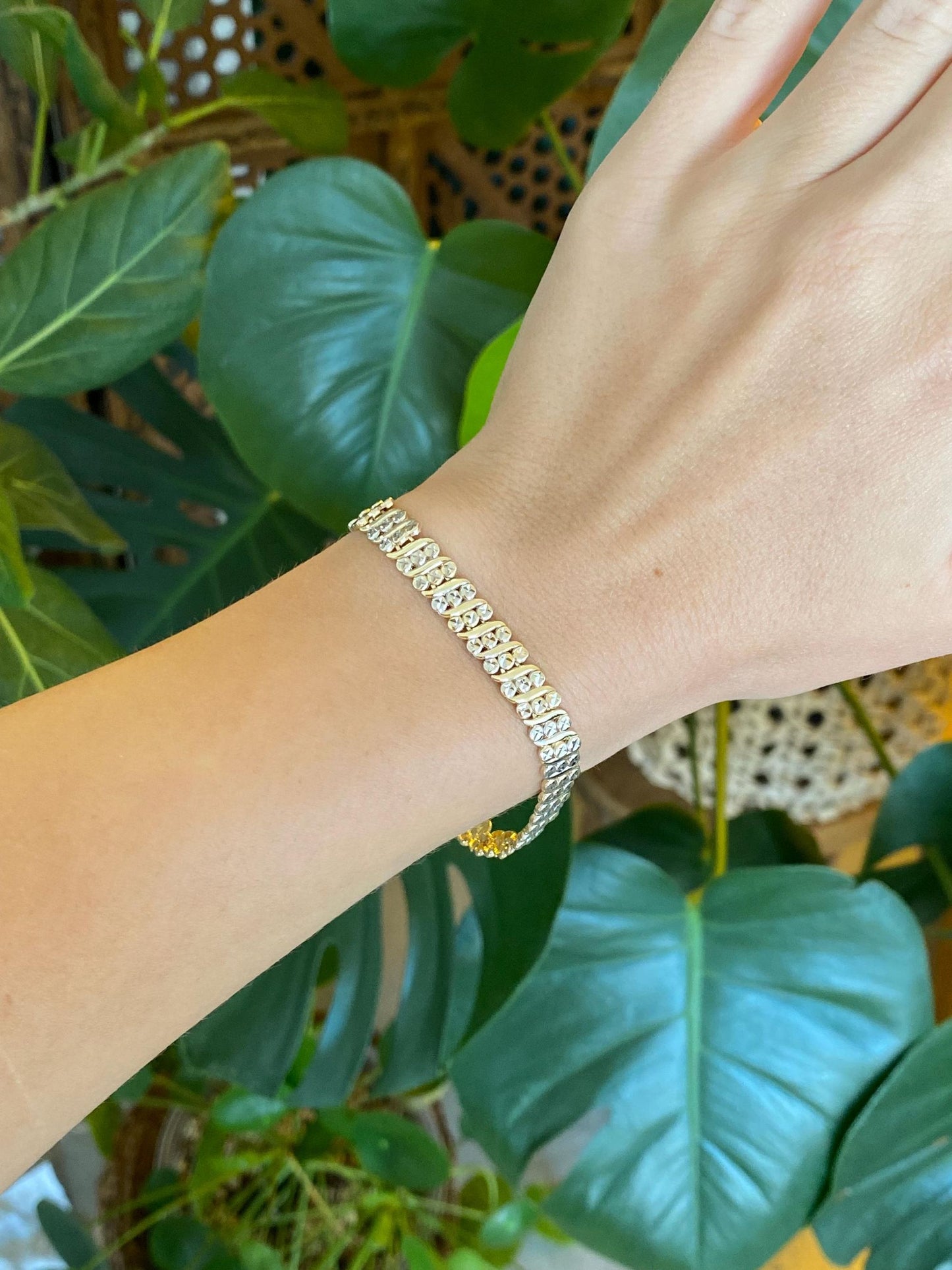 Solid 14k Yellow & White Gold Diamond Cut Tennis Bracelet - 7.25 inches