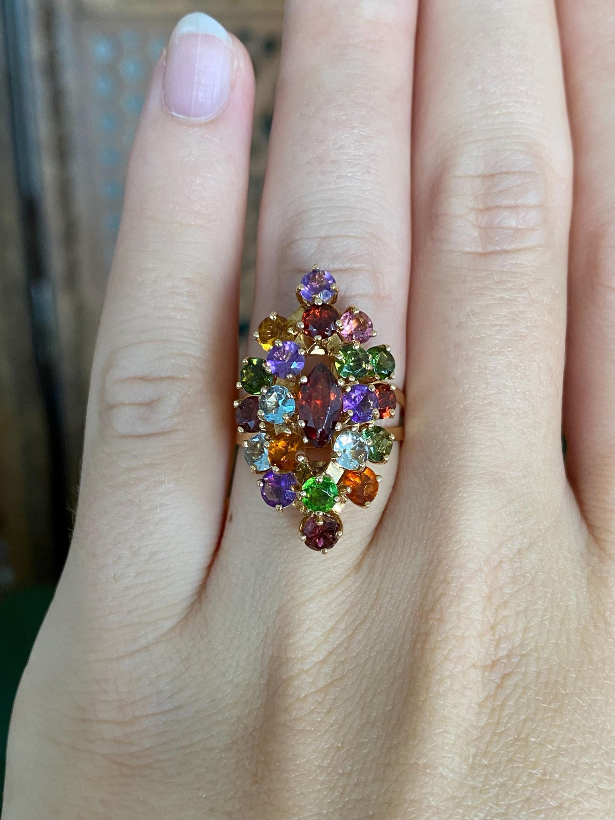 Vintage Solid 18k Yellow Gold Aquamarine Garnet Amethyst Citrine Pink & Green Tourmaline Cluster Ring - Size 6.25