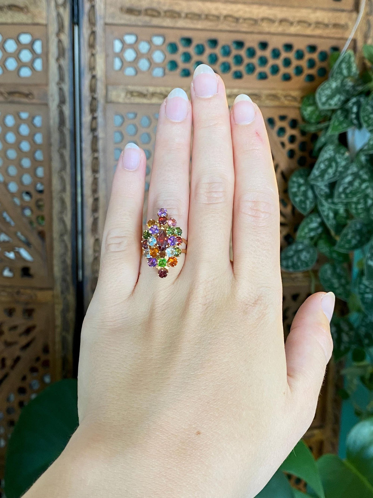 Vintage Solid 18k Yellow Gold Aquamarine Garnet Amethyst Citrine Pink & Green Tourmaline Cluster Ring - Size 6.25
