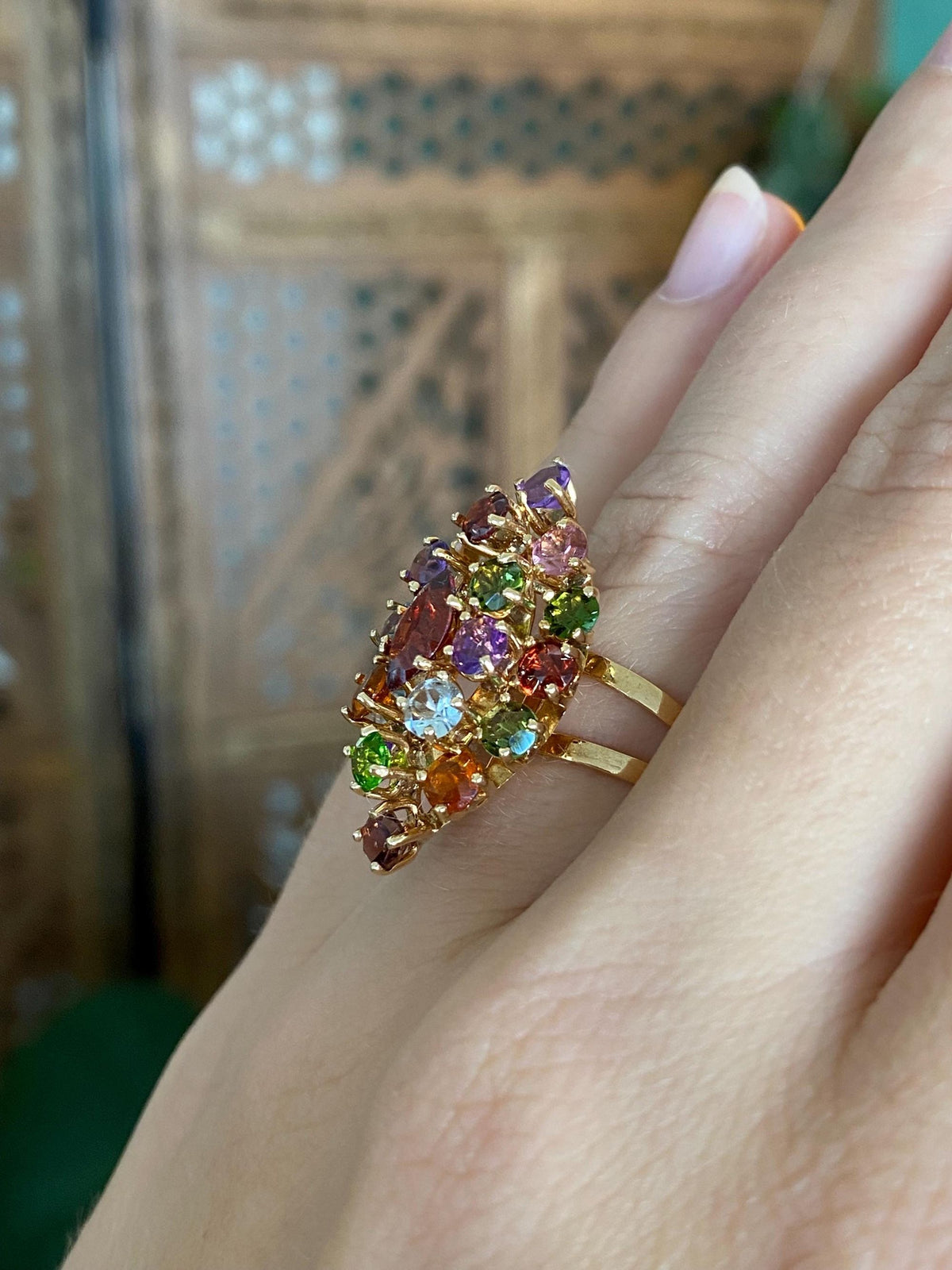 Vintage Solid 18k Yellow Gold Aquamarine Garnet Amethyst Citrine Pink & Green Tourmaline Cluster Ring - Size 6.25