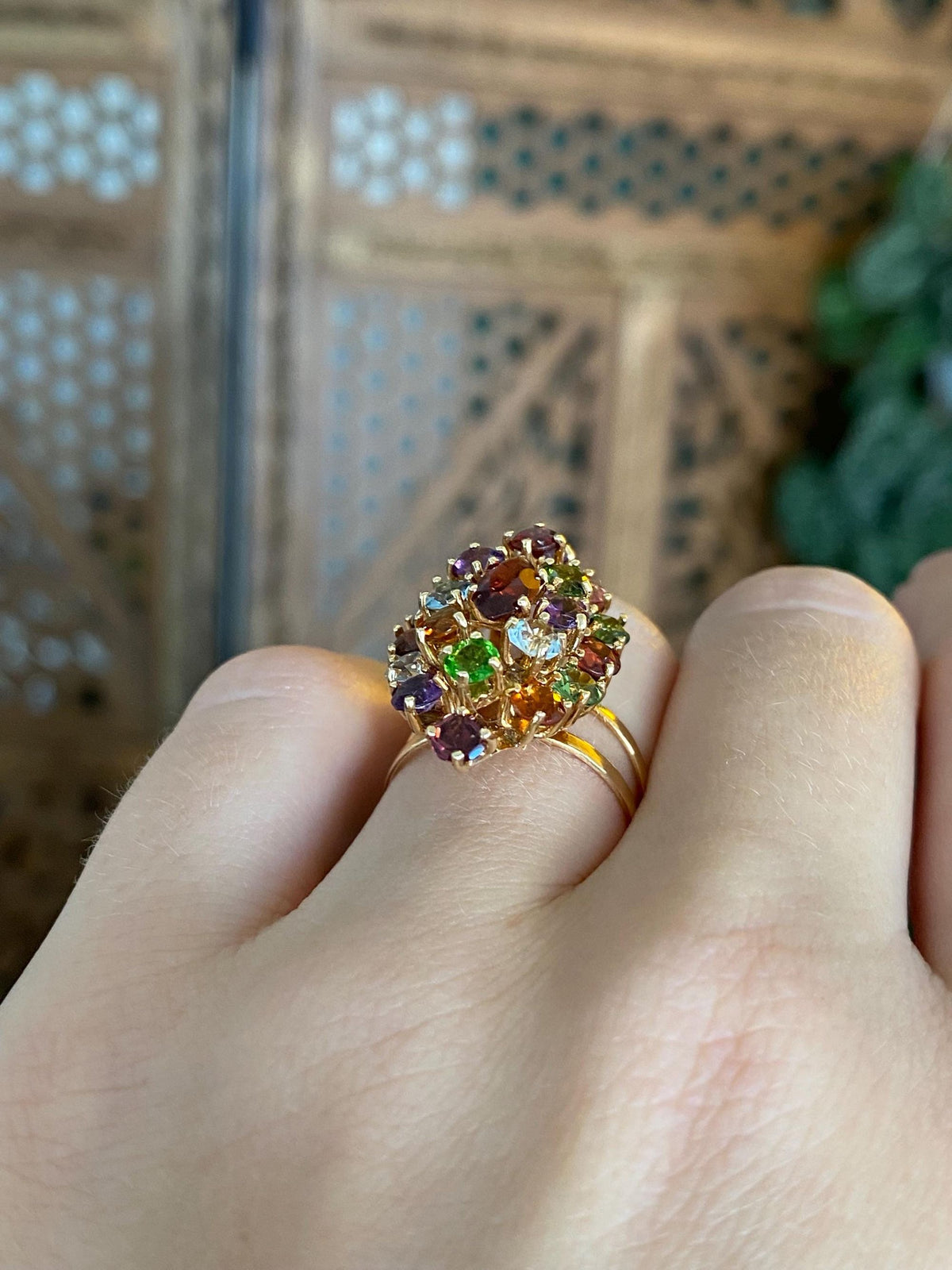 Vintage Solid 18k Yellow Gold Aquamarine Garnet Amethyst Citrine Pink & Green Tourmaline Cluster Ring - Size 6.25