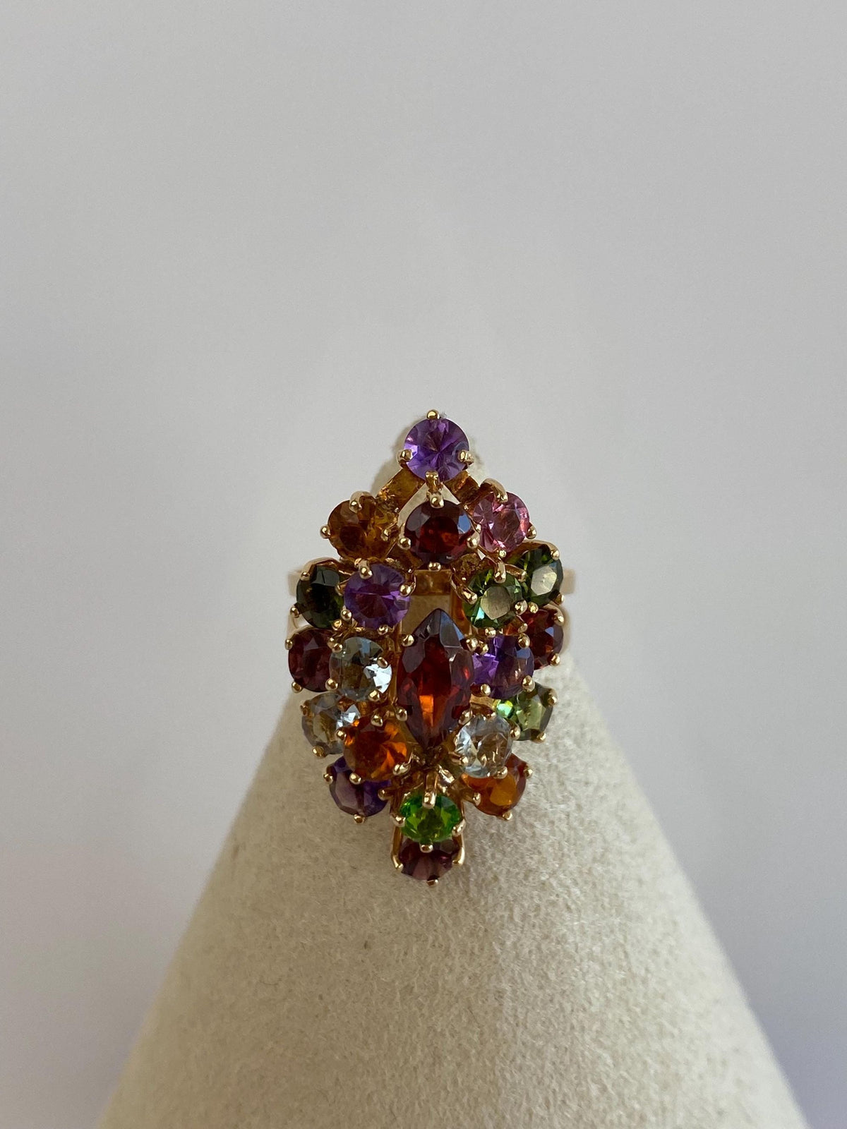 Vintage Solid 18k Yellow Gold Aquamarine Garnet Amethyst Citrine Pink & Green Tourmaline Cluster Ring - Size 6.25