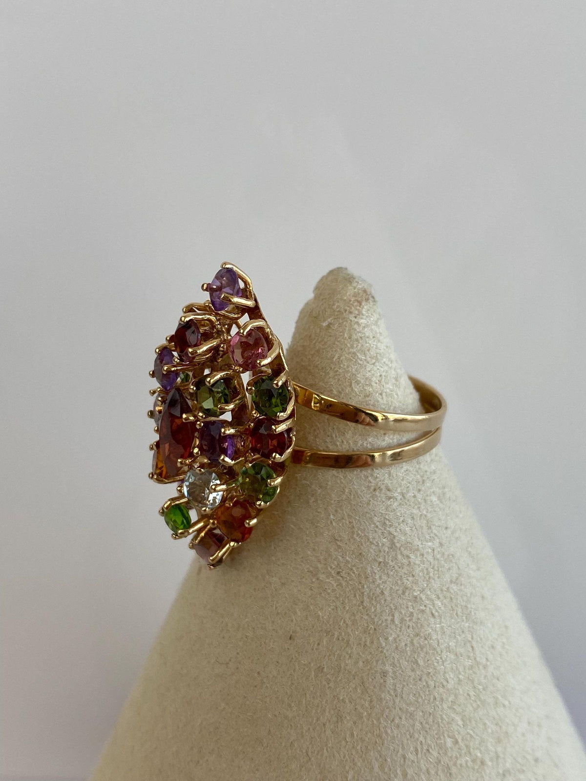 Vintage Solid 18k Yellow Gold Aquamarine Garnet Amethyst Citrine Pink & Green Tourmaline Cluster Ring - Size 6.25