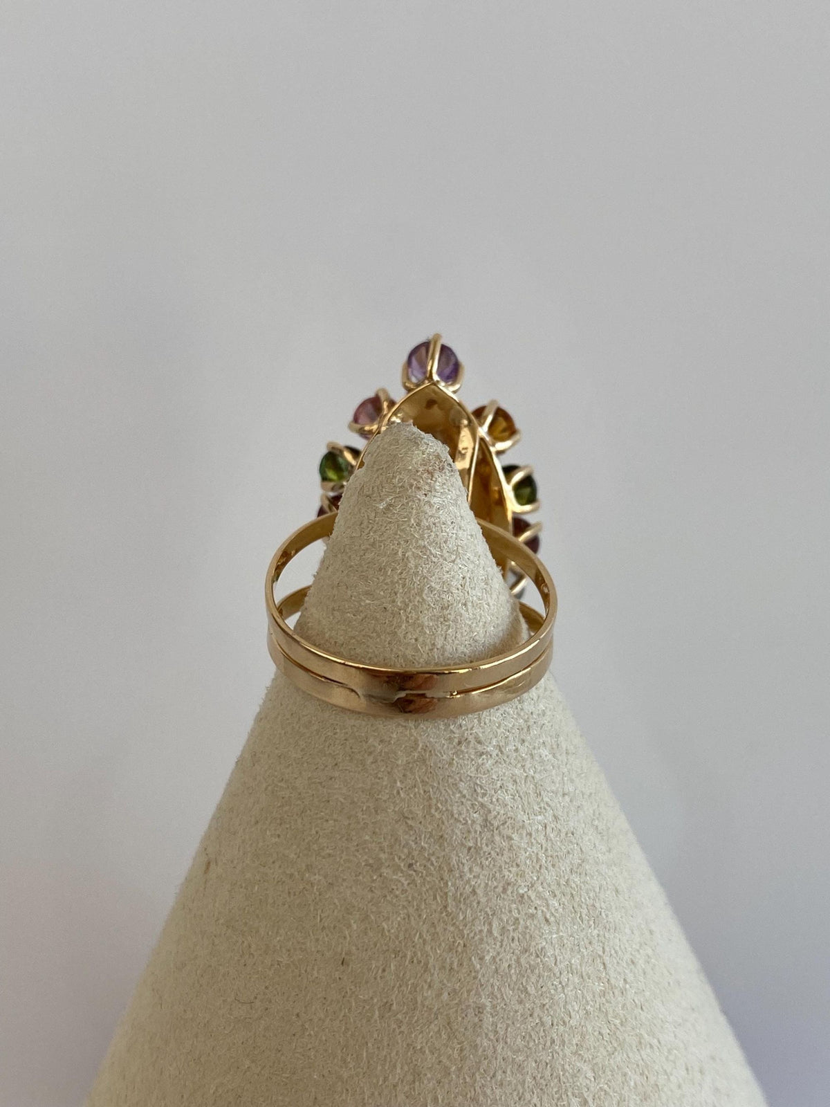 Vintage Solid 18k Yellow Gold Aquamarine Garnet Amethyst Citrine Pink & Green Tourmaline Cluster Ring - Size 6.25