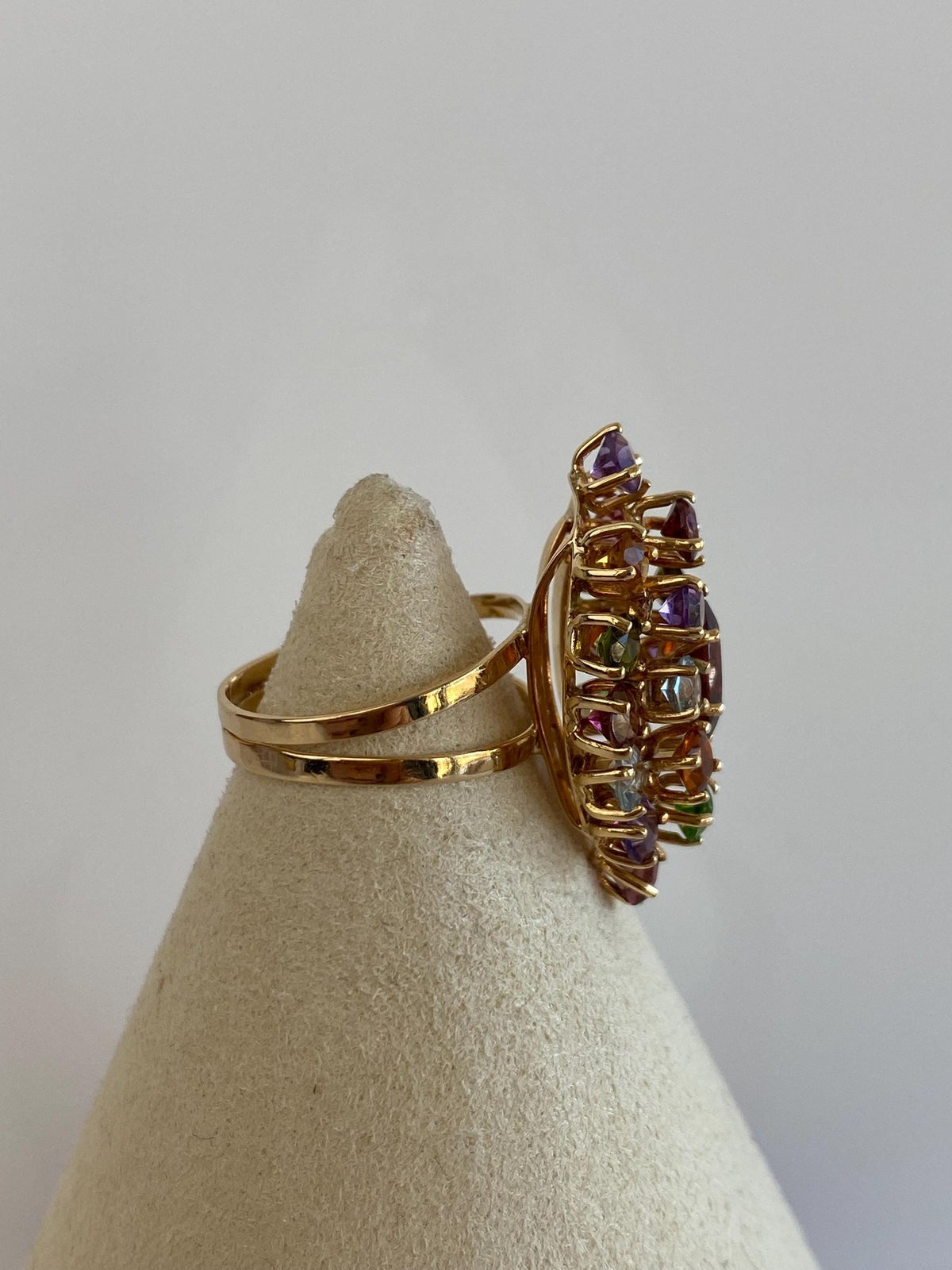 Vintage Solid 18k Yellow Gold Aquamarine Garnet Amethyst Citrine Pink & Green Tourmaline Cluster Ring - Size 6.25