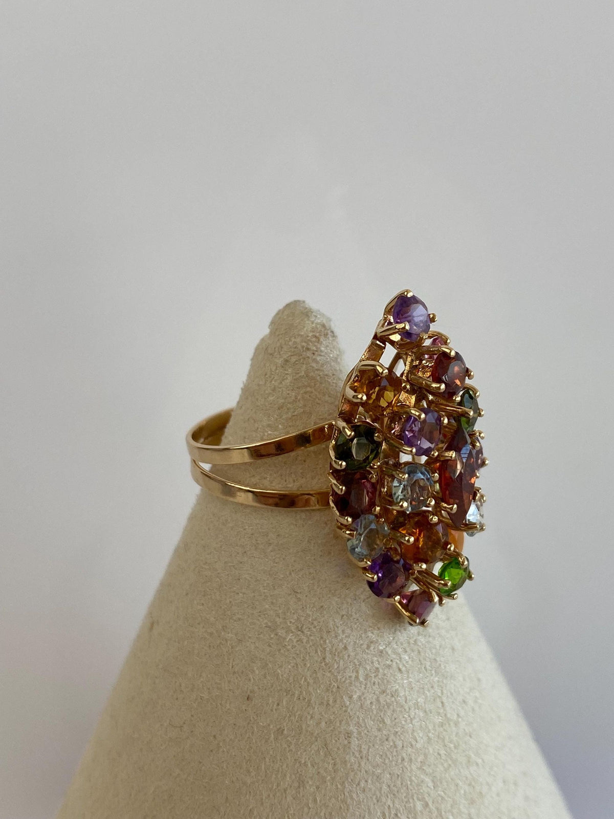 Vintage Solid 18k Yellow Gold Aquamarine Garnet Amethyst Citrine Pink & Green Tourmaline Cluster Ring - Size 6.25