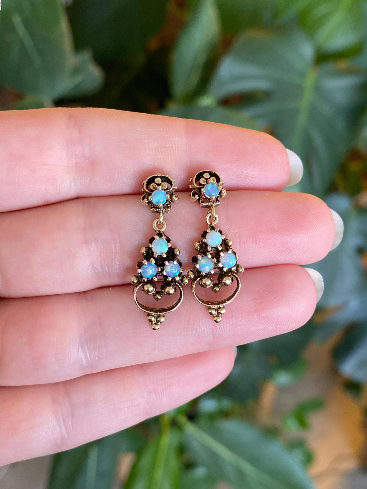 Vintage Solid 14k Yellow Gold Opal Ornate Dangle Stud Earrings