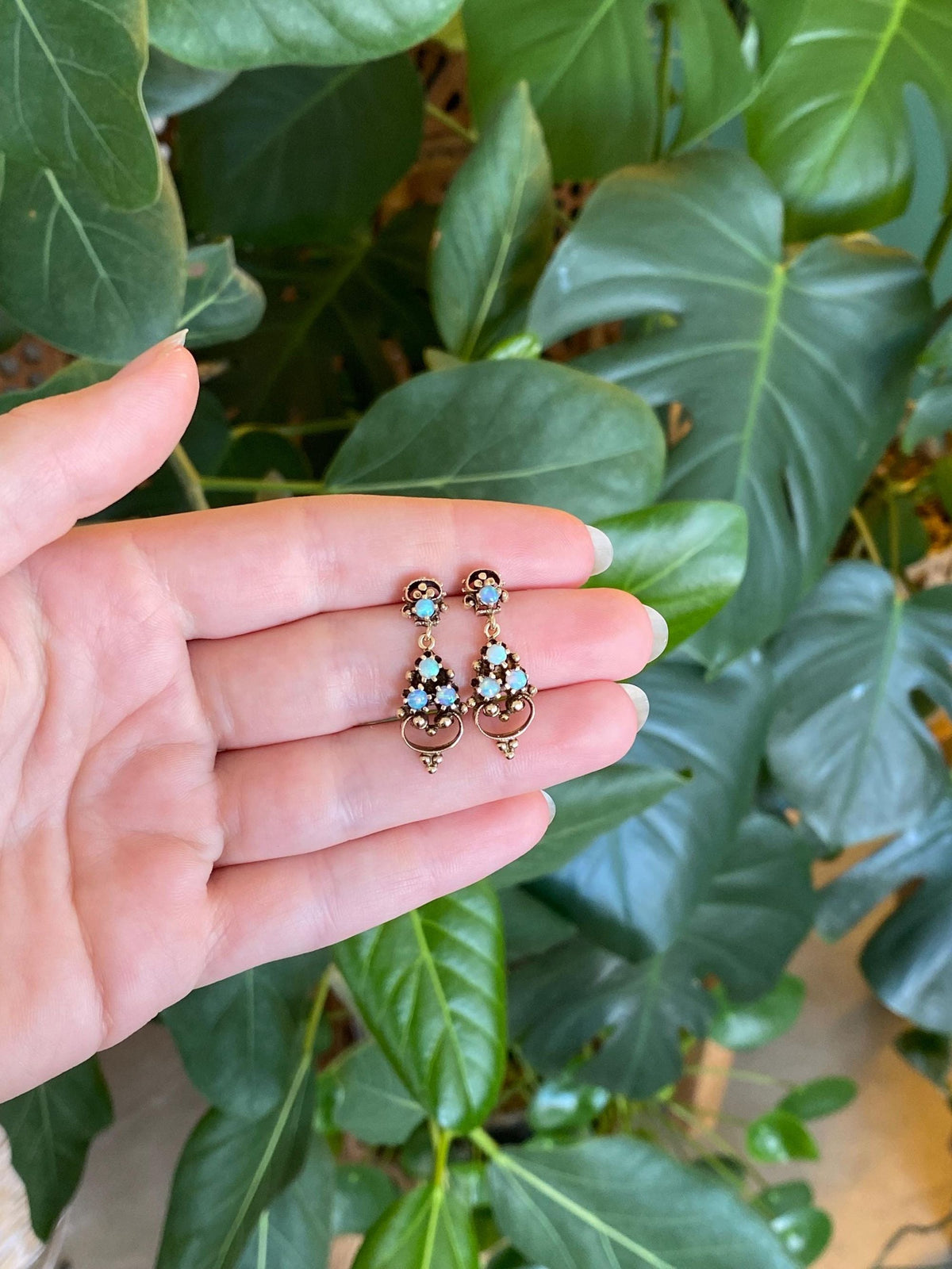Vintage Solid 14k Yellow Gold Opal Ornate Dangle Stud Earrings