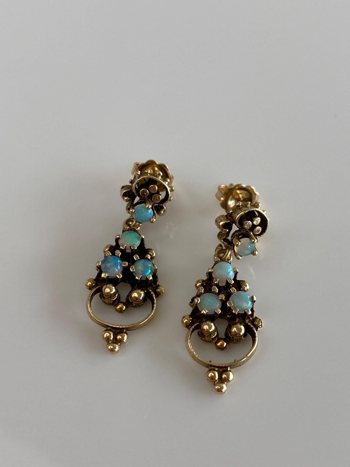 Vintage Solid 14k Yellow Gold Opal Ornate Dangle Stud Earrings