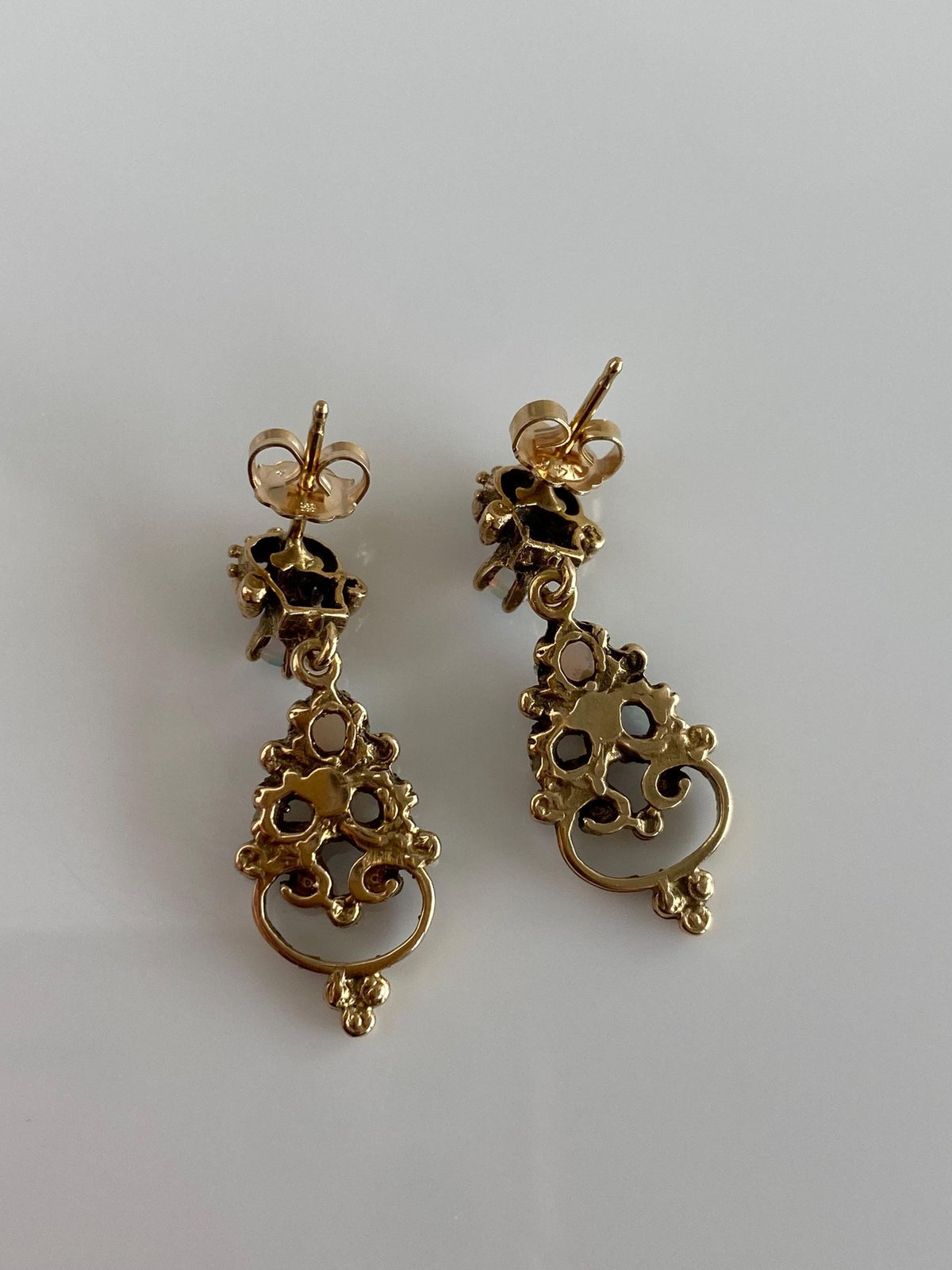 Vintage Solid 14k Yellow Gold Opal Ornate Dangle Stud Earrings