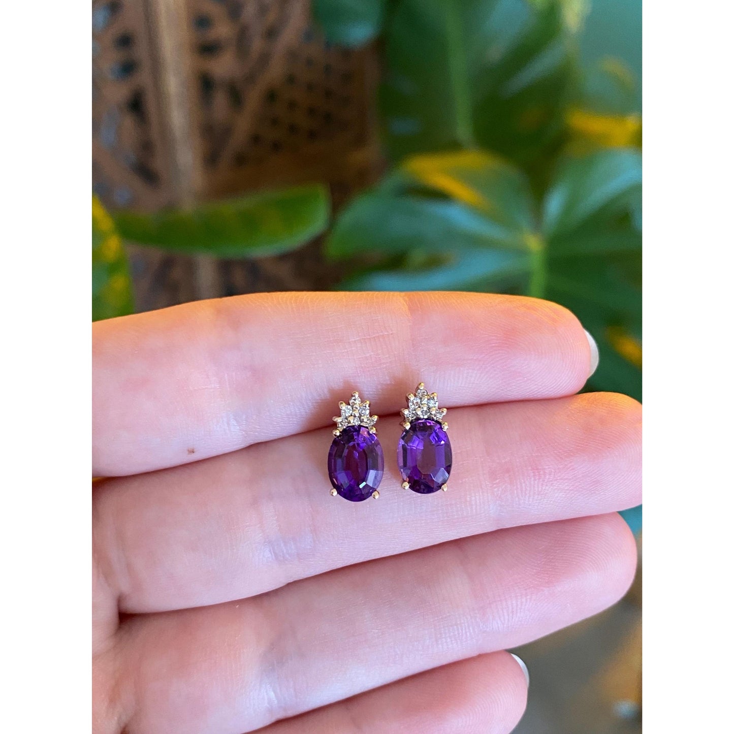 Vintage Solid 14k Yellow Gold Diamond Amethyst Stud Earrings