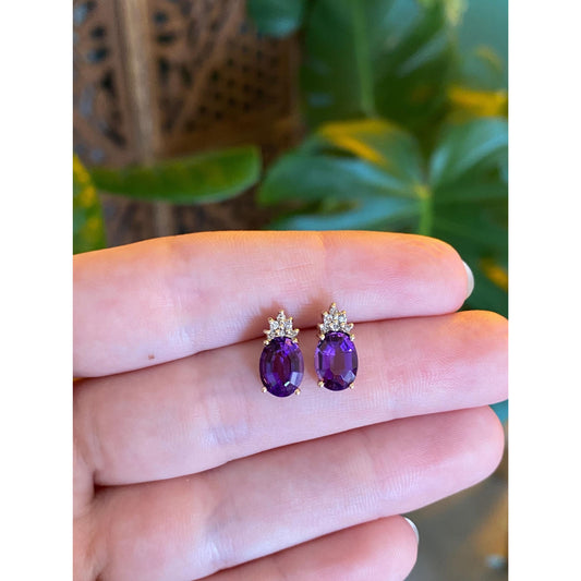 Vintage Solid 14k Yellow Gold Diamond Amethyst Stud Earrings